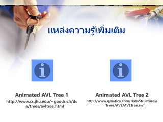 แหล่งความรู ้เพิ่มเติม
Animated AVL Tree 1
http://www.cs.jhu.edu/~goodrich/ds
a/trees/avltree.html
Animated AVL Tree 2
http://www.qmatica.com/DataStructures/
Trees/AVL/AVLTree.swf
 