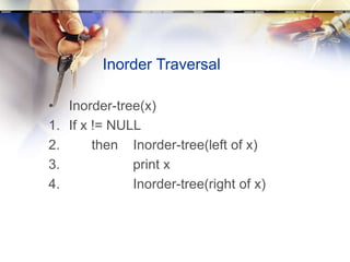 Inorder Traversal
• Inorder-tree(x)
1. If x != NULL
2. then Inorder-tree(left of x)
3. print x
4. Inorder-tree(right of x)
 