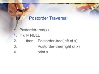 Postorder Traversal
• Postorder-tree(x)
1. If x != NULL
2. then Postorder-tree(left of x)
3. Postorder-tree(right of x)
4. print x
 