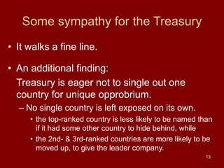 13
Some sympathy for the Treasury
• It walks a fine line.
• An additional finding:
Treasury is eager not to single out one
country for unique opprobrium.
– No single country is left exposed on its own.
• the top-ranked country is less likely to be named than
if it had some other country to hide behind, while
• the 2nd- & 3rd-ranked countries are more likely to be
moved up, to give the leader company.
 