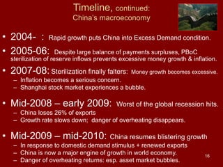 16
• 2004- : Rapid growth puts China into Excess Demand condition.
• 2005-06: Despite large balance of payments surpluses, PBoC
sterilization of reserve inflows prevents excessive money growth & inflation.
• 2007-08: Sterilization finally falters: Money growth becomes excessive.
– Inflation becomes a serious concern.
– Shanghai stock market experiences a bubble.
• Mid-2008 – early 2009: Worst of the global recession hits.
– China loses 26% of exports
– Growth rate slows down; danger of overheating disappears.
• Mid-2009 – mid-2010: China resumes blistering growth
– In response to domestic demand stimulus + renewed exports
– China is now a major engine of growth in world economy.
– Danger of overheating returns: esp. asset market bubbles.
Timeline, continued:
China’s macroeconomy
 