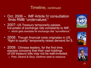 25
• Oct. 2006 -- IMF Article IV consultation
finds RMB “undervalued.”
• 2007: US Treasury temporarily passes
hot potato of exchange rate complaints to IMF,
– which gets mandate for exchange rate “surveillance.”
• 2008: Though financial crisis originates in US,
“flight to quality” temporarily raises demand for $.
• 2009: Chinese leaders, for the first time,
express concerns that their vast holdings
of US treasury bills may not be well-invested.
– Pres. Obama & Secy. Geithner seek to reassure.
Timeline, continued
 