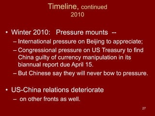 27
Timeline, continued
2010
• Winter 2010: Pressure mounts --
– International pressure on Beijing to appreciate;
– Congressional pressure on US Treasury to find
China guilty of currency manipulation in its
biannual report due April 15.
– But Chinese say they will never bow to pressure.
• US-China relations deteriorate
– on other fronts as well.
 