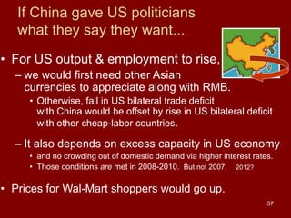 57
If China gave US politicians
what they say they want...
• For US output & employment to rise,
– we would first need other Asian
currencies to appreciate along with RMB.
• Otherwise, fall in US bilateral trade deficit
with China would be offset by rise in US bilateral deficit
with other cheap-labor countries.
– It also depends on excess capacity in US economy
• and no crowding out of domestic demand via higher interest rates.
• Those conditions are met in 2008-2010. But not 2007. 2012?
• Prices for Wal-Mart shoppers would go up.
 