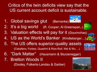 69
Critics of the twin deficits view say that the
US current account deficit is sustainable.
1. Global savings glut (Bernanke)
2. It’s a big world (R. Cooper; Al Greenspan..)
3. Valuation effects will pay for it (Gourinchas)
4. US as the World’s Banker (Kindleberger…)
5. The US offers superior-quality assets
(Caballero, Forbes, Quadrini & Rios-Rull, Wei & Wu …)
6. “Dark Matter” (Hausmann & Sturzenegger)
7. Bretton Woods II
(Dooley, Folkerts-Landau & Garber)
 