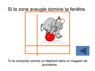 Si la zone aveugle domine ta fenêtre.
Tu te comporte comme un éléphant dans un magasin de
porcelaine.
 
