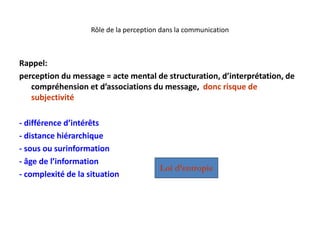 Rôle de la perception dans la communication
Rappel:
perception du message = acte mental de structuration, d’interprétation, de
compréhension et d’associations du message, donc risque de
subjectivité
- différence d’intérêts
- distance hiérarchique
- sous ou surinformation
- âge de l’information
- complexité de la situation
Loi d’entropie
 
