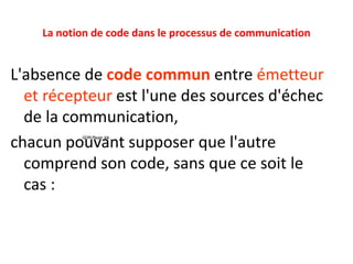 La notion de code dans le processus de communication
L'absence de code commun entre émetteur
et récepteur est l'une des sources d'échec
de la communication,
chacun pouvant supposer que l'autre
comprend son code, sans que ce soit le
cas :
GOM Player.lnk
 