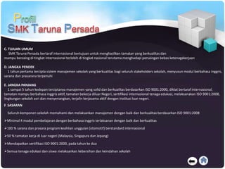 C. TUJUAN UMUM
SMK Taruna Persada bertaraf internasional bertujuan untuk menghasilkan tamatan yang berkualitas dan
mampu bersaing di tingkat internasional terlebih di tingkat nasional terutama menghadapi persaingan bebas ketenagakerjaan
D. JANGKA PENDEK
1 tahun pertama tercipta sistem manajemen sekolah yang berkualitas bagi seluruh stakeholders sekolah, menyusun modul berbahasa inggris,
sarana dan prasarana terpenuhi
E. JANGKA PANJANG
1 sampai 5 tahun kedepan terciptanya manajemen yang solid dan berkualitas berdasarkan ISO 9001:2000, diklat bertaraf internasional,
tamatan mampu berbahasa inggris aktif, tamatan bekerja diluar Negeri, sertifikasi internasional tenaga edukasi, melaksanakan ISO 9001:2008,
lingkungan sekolah asri dan menyenangkan, terjalin kerjasama aktif dengan institusi luar negeri.
F. SASARAN
Seluruh komponen sekolah memahami dan melaksankan manajemen dengan baik dan berkualitas berdasarkan ISO 9001:2008
Minimal 4 modul pembelajaran dengan berbahasa inggris terlaksanan dengan baik dan berkualitas
100 % sarana dan prasara program keahlian unggulan (otomotif) berstandard internasional
50 % tamatan kerja di luar negeri (Malaysia, Singapura dan Jepang)
Mendapatkan sertifikasi ISO 9001:2000, pada tahun ke dua
Semua tenaga edukasi dan siswa melaksankan kebersihan dan keindahan sekolah
 