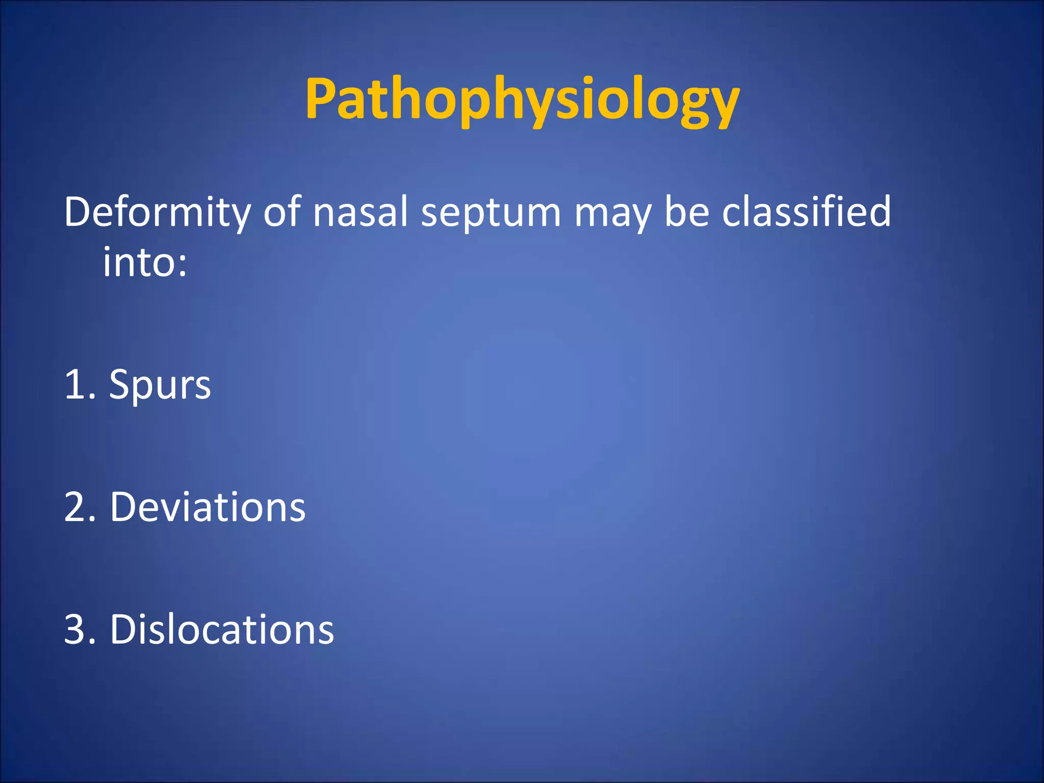 Pathophysiology
Deformity of nasal septum may be classified
into:
1. Spurs
2. Deviations
3. Dislocations
 