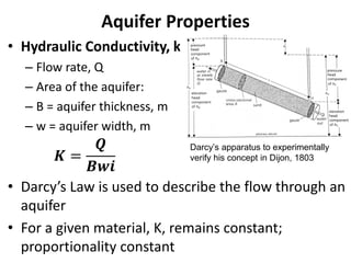 • Hydraulic Conductivity, k
– Flow rate, Q
– Area of the aquifer:
– B = aquifer thickness, m
– w = aquifer width, m
• Darcy’s Law is used to describe the flow through an
aquifer
• For a given material, K, remains constant;
proportionality constant
Aquifer Properties
𝑲 =
𝑸
𝑩𝒘𝒊
Darcy’s apparatus to experimentally
verify his concept in Dijon, 1803
 