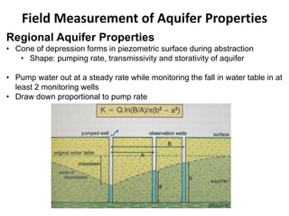 Field Measurement of Aquifer Properties
Regional Aquifer Properties
• Cone of depression forms in piezometric surface during abstraction
• Shape: pumping rate, transmissivity and storativity of aquifer
• Pump water out at a steady rate while monitoring the fall in water table in at
least 2 monitoring wells
• Draw down proportional to pump rate
 