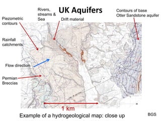 UK Aquifers
Example of a hydrogeological map: close up BGS
1 km
Permian
Breccias
Flow direction
Piezometric
contours
Contours of base
Otter Sandstone aquifer
Rivers,
streams &
Sea
Rainfall
catchments
Drift material
 