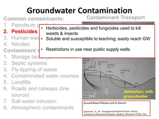 Groundwater Contamination
Common contaminants:
1. Petroleum products
2. Pesticides
3. Human waste (sewerage)
4. Nitrates
Contaminant sources:
1. Storage tanks (point source)
2. Septic systems
3. Fly-tipping of waste
4. Contaminated water courses
5. Landfills
6. Roads and railways (line
source)
7. Salt water intrusion
8. Atmospheric contaminants
Contaminant Transport
Advection; with
groundwater
Diffusion & dispersion
• Herbicides, pesticides and fungicides used to kill
weeds & insects
• Soluble and susceptible to leaching; easily reach GW
• Restrictions in use near public supply wells
 