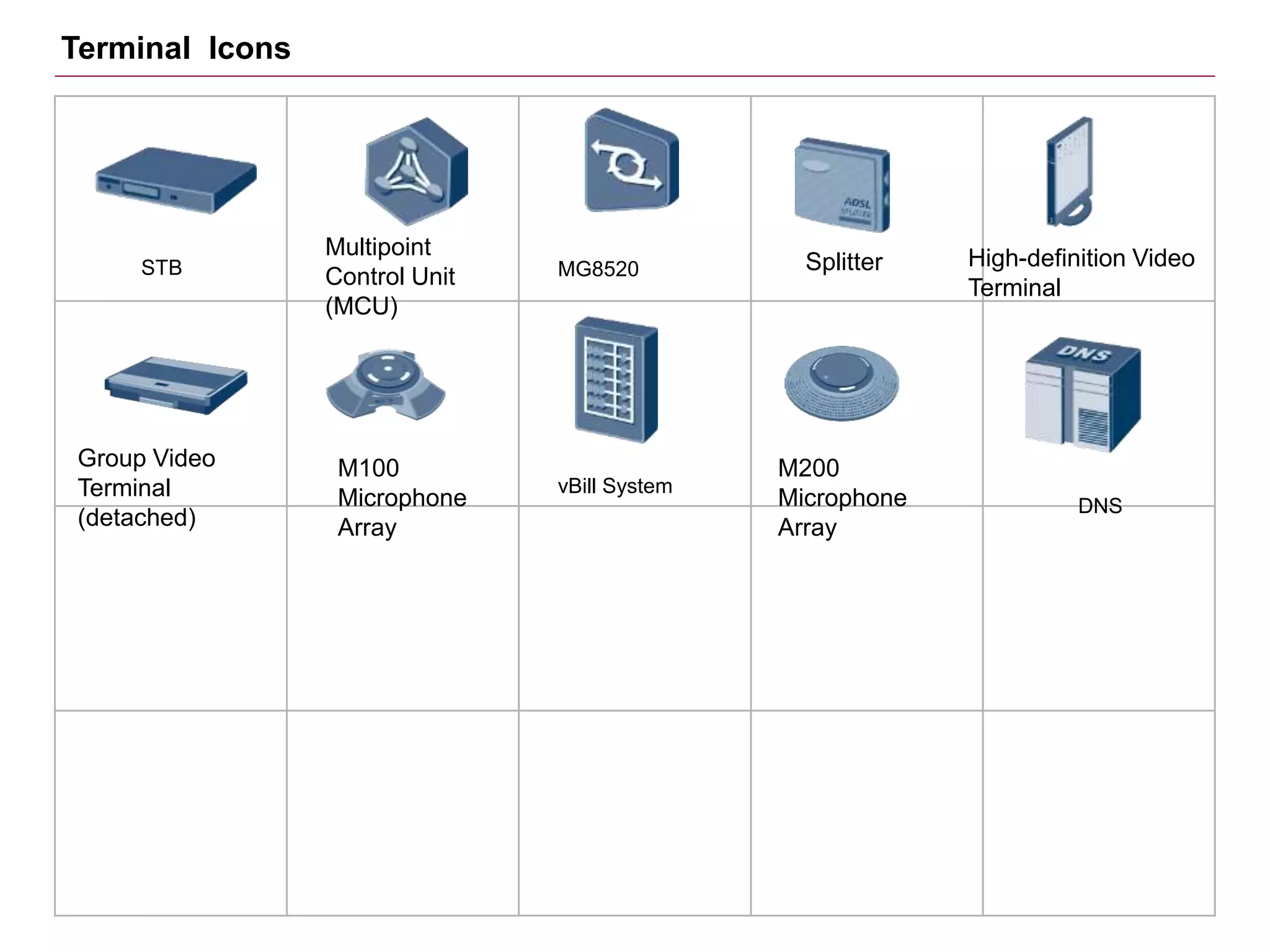 STB MG8520
vBill System
Terminal Icons
Multipoint
Control Unit
(MCU)
Splitter High-definition Video
Terminal
Group Video
Terminal
(detached)
M100
Microphone
Array
M200
Microphone
Array
DNS
 