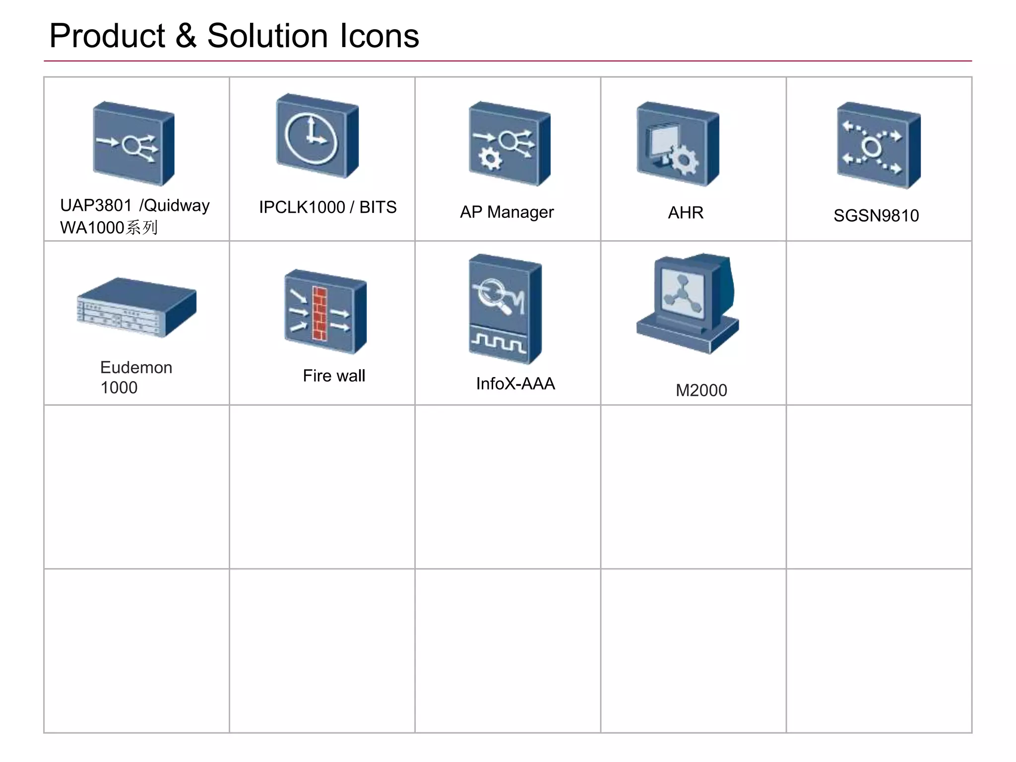 Product & Solution Icons
UAP3801 /Quidway
WA1000系列
IPCLK1000 / BITS AP Manager AHR SGSN9810
Eudemon
1000 InfoX-AAA M2000
Fire wall
 