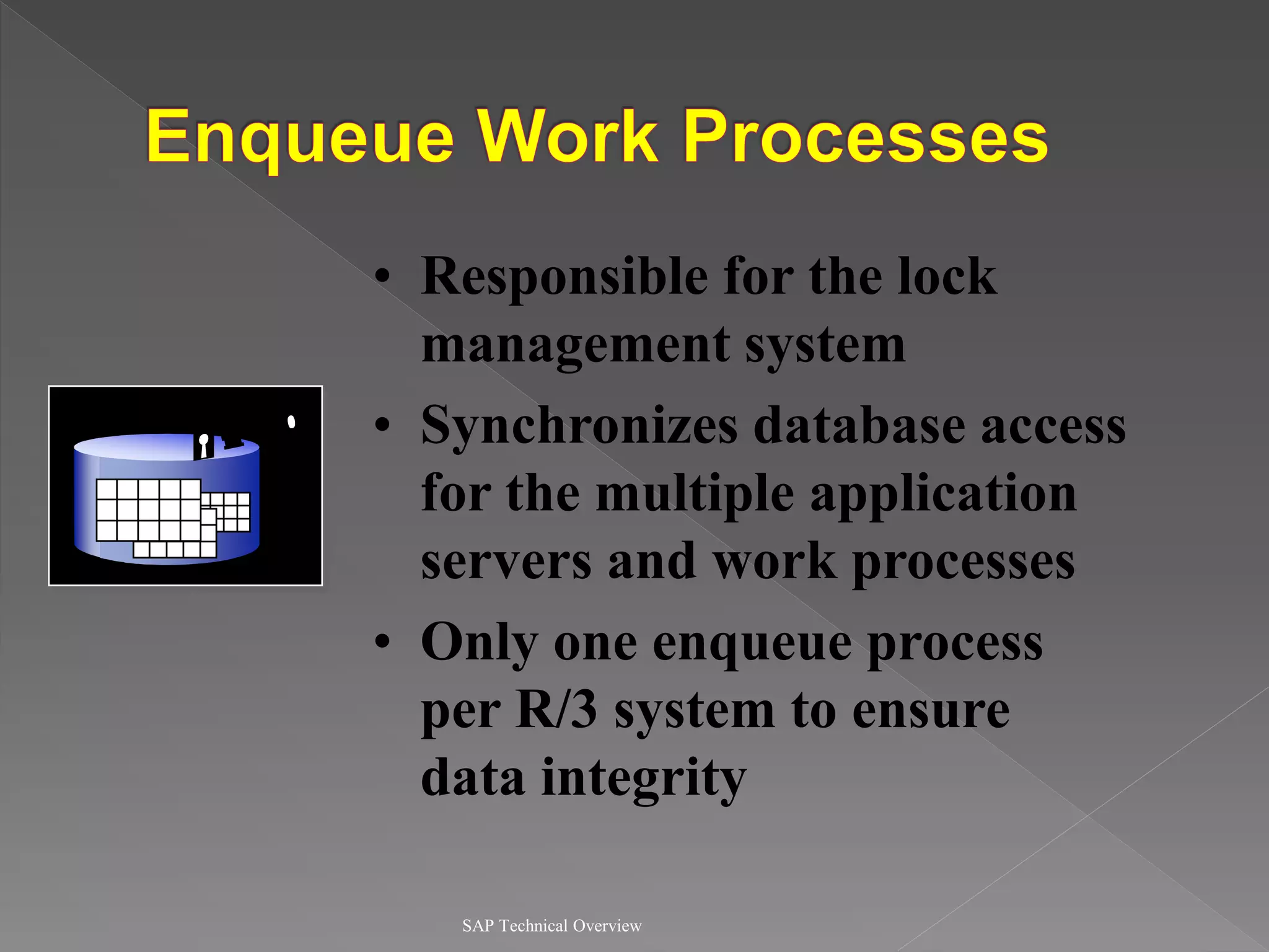 SAP Technical Overview
• Responsible for the lock
management system
• Synchronizes database access
for the multiple application
servers and work processes
• Only one enqueue process
per R/3 system to ensure
data integrity
Enqueue
E
 