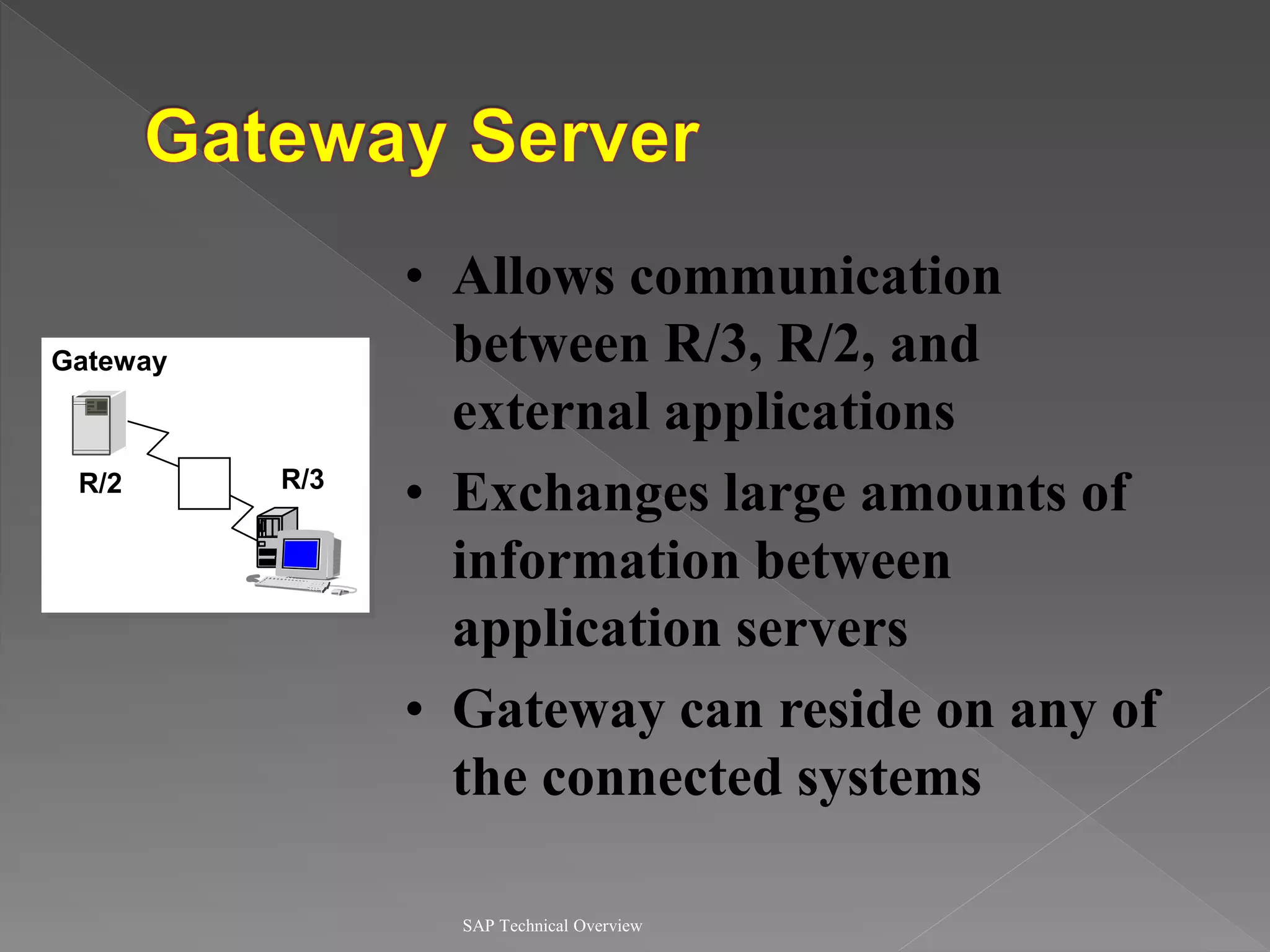 SAP Technical Overview
• Allows communication
between R/3, R/2, and
external applications
• Exchanges large amounts of
information between
application servers
• Gateway can reside on any of
the connected systems
G
Gateway
R/2 R/3
 