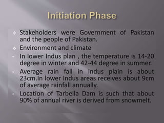  Stakeholders were Government of Pakistan
and the people of Pakistan.
 Environment and climate
• In lower Indus plan , the temperature is 14-20
degree in winter and 42-44 degree in summer.
• Average rain fall in Indus plain is about
23cm.In lower Indus areas receives about 9cm
of average rainfall annually.
• Location of Tarbella Dam is such that about
90% of annual river is derived from snowmelt.
 