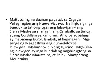 • Maituturing na daanan papasok sa Cagayan
Valley region ang Nueva Vizcaya. Naliligid ng mga
bundok sa tatlong lugar ang lalawigan – ang
Sierra Madre sa silangan, ang Caraballo sa timog,
at ang Cordillera sa kanluran. Ang ibang bahagi
ay mababang burol, lambak, at kapatagan. Mga
sanga ng Magat River ang dumadaloy sa
lalawigan. Mabundok din ang Quirino. Mga 80%
ng lalawigan ay mga bundok ng nagdurugtong sa
Sierra Madre Mountains, at Palaki-Mamparang
Mountains.
 