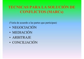 TECNICAS PARA LA SOLUCIÓN DE
CONFLICTOS (MARCs)
(Varía de acuerdo a las partes que participan)
• NEGOCIACIÓN
• MEDIACIÓN
• ARBITRAJE
• CONCILIACIÓN
 