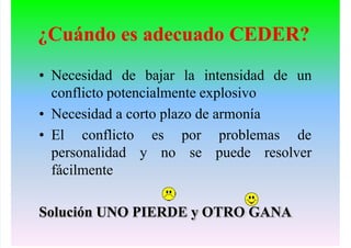 ¿Cuándo es adecuado CEDER?
• Necesidad de bajar la intensidad de un
conflicto potencialmente explosivo
• Necesidad a corto plazo de armonía
• El conflicto es por problemas de
personalidad y no se puede resolver
fácilmente
Solución UNO PIERDE y OTRO GANA
 