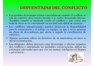 DESVENT J S DEL CONFLICTO
• Las posibles desventajas existen especialmente cuando el conflicto se
sale de control y dura mucho tiempo o se vuelve demasiado intenso.
También cuando se pretende evadir el conflicto y éste como una
bola de nieve se va convirtiendo en un alud más difícil de manejar.
• Los conflictos interpersonales pueden deteriorar la disponibilidad
para la cooperación y el trabajo en equipo, ya que a veces generan
un clima de desconfianza que afecta o impide la coordinación de
esfuerzos.
• Algunas personas sufren un deterioro de su autoestima, en otros se
afecta su motivación.
• Los dirigentes deben prevenir estas desventajas o efectos negativos
del conflicto y anticipando las probables consecuencias, aplicar las
estrategias adecuadas para que con un manejo inteligente no lleguen
a presentarse.
 