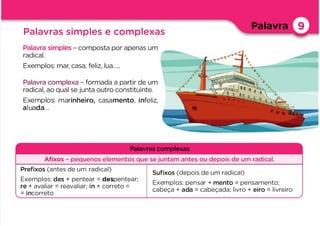 Palavra 9
Palavras simples e complexas
Palavra simples – composta por apenas um
radical.
Exemplos: mar, casa, feliz, lua…..
Palavra complexa – formada a partir de um
radical, ao qual se junta outro constituinte.
Exemplos: marinheiro, casamento, infeliz,
aluada…
Palavras complexas
Aﬁxos – pequenos elementos que se juntam antes ou depois de um radical.
Preﬁxos (antes de um radical)
Exemplos: des + pentear = despentear;
re + avaliar = reavaliar; in + correto =
= incorreto
Suﬁxos (depois de um radical)
Exemplos: pensar + mento = pensamento;
cabeça + ada = cabeçada; livro + eiro = livreiro
 