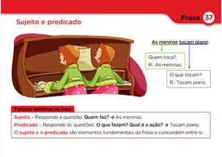 Frase
Sujeito e predicado
37
As meninas tocam piano.
Funções sintáticas da frase
Sujeito – Responde à questão: Quem faz? → As meninas.
Predicado – Responde às questões: O que fazem? Qual é a ação? → Tocam piano.
O sujeito e o predicado são elementos fundamentais da frase e concordam entre si.
Quem toca?
R.: As meninas.
O que tocam?
R.: Tocam piano.
 
