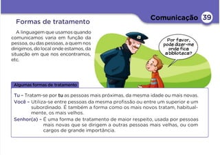 Comunicação
Formas de tratamento
39
A linguagem que usamos quando
comunicamos varia em função da
pessoa, ou das pessoas, a quem nos
dirigimos, do local onde estamos, da
situação em que nos encontramos,
etc.
Por favor,
pode dizer-me
onde fica
abiblioteca?
Algumas formas de tratamento
Tu – Tratam-se por tu as pessoas mais próximas, da mesma idade ou mais novas.
Você – Utiliza-se entre pessoas da mesma proﬁssão ou entre um superior e um
subordinado. É também a forma como os mais novos tratam, habitual-
mente, os mais velhos.
Senhor(a) – É uma forma de tratamento de maior respeito, usada por pessoas
mais novas que se dirigem a outras pessoas mais velhas, ou com
cargos de grande importância.
 