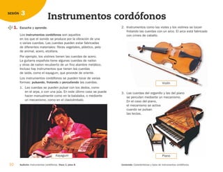 10 Audición: Instrumentos cordófonos. Disco 1, pista 8. Contenido: Características y tipos de instrumentos cordófonos.
3
SESIÓN
Instrumentos cordófonos
2. Instrumentos como las violas y los violines se tocan
frotando las cuerdas con un arco. El arco está fabricado
con crines de caballo.
Kayagum
Violín
3. Las cuerdas del organillo y las del piano
se percuten mediante un mecanismo.
En el caso del piano,
el mecanismo se activa
cuando se pulsan
las teclas.
Piano
1. Escucha y aprende.
Los instrumentos cordófonos son aquellos
en los que el sonido se produce por la vibración de una
o varias cuerdas. Las cuerdas pueden estar fabricadas
de diferentes materiales: fibras vegetales, plástico, pelo
de animal, acero, etcétera.
Por ejemplo, los violines tienen las cuerdas de acero.
La guitarra española tiene algunas cuerdas de nailon
y otras de nailon recubierto de un fino alambre metálico.
Incluso hay instrumentos que tienen las cuerdas
de seda, como el kayagum, que procede de oriente.
Los instrumentos cordófonos se pueden tocar de varias
formas: pulsando, frotando o percutiendo las cuerdas.
1. Las cuerdas se pueden pulsar con los dedos, como
en el arpa, o con una púa. En este último caso se puede
hacer manualmente como en la balalaika, o mediante
un mecanismo, como en el clavicémbalo.
126198 _ 0005-0024.qxd 25/6/09 10:40 Página 10
 