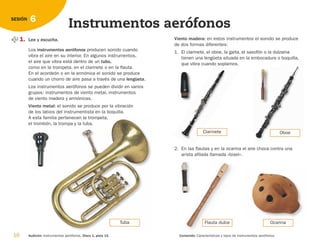 16 Audición: Instrumentos aerófonos. Disco 1, pista 15. Contenido: Características y tipos de instrumentos aerófonos.
6
SESIÓN
Instrumentos aerófonos
1. Lee y escucha.
Los instrumentos aerófonos producen sonido cuando
vibra el aire en su interior. En algunos instrumentos,
el aire que vibra está dentro de un tubo,
como en la trompeta, en el clarinete o en la flauta.
En el acordeón o en la armónica el sonido se produce
cuando un chorro de aire pasa a través de una lengüeta.
Los instrumentos aerófonos se pueden dividir en varios
grupos: instrumentos de viento metal, instrumentos
de viento madera y armónicas.
Viento metal: el sonido se produce por la vibración
de los labios del instrumentista en la boquilla.
A esta familia pertenecen la trompeta,
el trombón, la trompa y la tuba.
Viento madera: en estos instrumentos el sonido se produce
de dos formas diferentes:
1. El clarinete, el oboe, la gaita, el saxofón o la dulzaina
tienen una lengüeta situada en la embocadura o boquilla,
que vibra cuando soplamos.
Tuba
Clarinete Oboe
Flauta dulce Ocarina
2. En las flautas y en la ocarina el aire choca contra una
arista afilada llamada «bisel».
126198 _ 0005-0024.qxd 25/6/09 10:41 Página 16
 