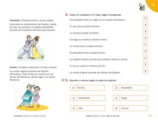 19
Audición: Bailes de salón. Disco 1, pista 18.
Contenido: Historia de los bailes de salón.
7
Pasodoble. Compás binario y tempo allegro.
Este baile es característico de España, donde
se hizo muy popular. La palabra pasodoble
procede de la palabra francesa pas-redouble.
Rumba. Compás cuaternario y tempo andante.
La rumba original proviene del folclore
afrocubano. Esta rumba se mezcló con los
ritmos del flamenco, dando lugar a la rumba
flamenca.
2. Indica (V) verdadero o (F) falso, según corresponda.
El pasodoble tiene su origen en la música afrocubana.
El vals tiene compás ternario.
La samba procede de Brasil.
El tango se inventó en Buenos Aires.
La rumba tiene compás ternario.
El pasodoble tiene compás binario.
La palabra samba procede de la palabra africana semba.
El fox-trot nació en América del Sur.
La rumba original procede del folclore de España.
3. Escucha y numera según el orden de audición.
Rumba
Chachachá
Vals
Pasodoble
Tango
Fox-trot
F
V
V
V
F
V
V
F
F
2
5
6
4
1
3
126198 _ 0005-0024.qxd 25/6/09 10:41 Página 19
 