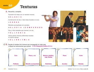1. Recuerda y completa.
Sucesión de notas con un sentido musical.
M
Combinación de dos o más notas tocadas a la vez.
A
Melodía acompañada con acordes.
M A
Dos o más melodías que suenan a la vez.
P
Varias partes rítmicas diferentes tocadas
al mismo tiempo.
P
2. Escribe el nombre de la textura que corresponde en cada caso
y dibuja los instrumentos que suenan.
28 Contenido: Texturas. Audición: Tipos de textura. Disco 1, pista 26.
10
SESIÓN
Texturas
1 2 3 5
4
E L O D Í A
E L O D Í A
O L I F O N Í A
O L I R R I T M I A
C O M P A Ñ A D A
C O R D E
Polifonía Melodía acompañada Melodía
Polirritmia Acordes
Coro Piano y voz
R. M. Respuesta Gráfica (R. G.)
Violín
Batería: platillos,
caja, bombo
Piano
126198 _ 0025-0044.qxd 25/6/09 10:33 Página 28
 