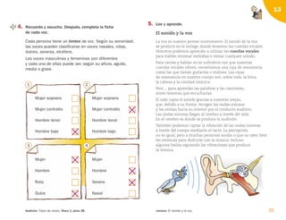 4. Recuerda y escucha. Después, completa la ficha
de cada voz.
Cada persona tiene un timbre de voz. Según su sonoridad,
las voces pueden clasificarse en voces nasales, rotas,
dulces, severas, etcétera.
Las voces masculinas y femeninas son diferentes
y cada una de ellas puede ser, según su altura, aguda,
media o grave.
35
Lectura: El sonido y la voz.
Audición: Tipos de voces. Disco 1, pista 38.
13
1
Mujer soprano
Mujer contralto
Hombre bajo
Hombre tenor
2
Mujer soprano
Mujer contralto
Hombre bajo
Hombre tenor
3
Mujer
Hombre
Dulce
Rota
4
Mujer
Hombre
Nasal
Severa
5. Lee y aprende.
El sonido y la voz
La voz es nuestro primer instrumento. El sonido de la voz
se produce en la laringe, donde tenemos las cuerdas vocales.
Nosotros podemos aprender a utilizar las cuerdas vocales
para hablar, entonar melodías e imitar cualquier sonido.
Para cantar y hablar no es suficiente con que nuestras
cuerdas vocales vibren, necesitamos una caja de resonancia
como las que tienen guitarras o violines. Las cajas
de resonancia en nuestro cuerpo son, sobre todo, la boca,
la cabeza y la cavidad torácica.
Pero… para aprender las palabras y las canciones,
antes tenemos que escucharlas.
El oído capta el sonido gracias a nuestras orejas,
que, debido a su forma, recogen las ondas sonoras
y las envían hacia su interior por el conducto auditivo.
Las ondas sonoras llegan al cerebro a través del oído.
En el cerebro es donde se produce la audición.
También podemos captar la vibración de las ondas sonoras
a través del cuerpo mediante el tacto. La percepción
no es igual, pero a muchas personas sordas o que no oyen bien
les estimula para disfrutar con la música. Incluso
algunos bailan siguiendo las vibraciones que produce
la música.
126198 _ 0025-0044.qxd 25/6/09 10:33 Página 35
 