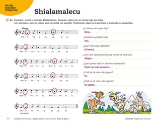 42 Canción: Shialamalecu. Disco 2, pista 6. Base musical. Disco 2, pista 7. Contenido: Repaso del trimestre.
Shialamalecu
FIN DEL
SEGUNDO
TRIMESTRE
1. Escucha y canta la canción Shialamalecu. Después, rodea con un círculo rojo las notas
con síncopas y con un círculo azul las notas con puntillo. Finalmente, observa la partitura y responde las preguntas.
¿Cuántas síncopas hay?
¿Cuántos puntillos hay?
¿Qué nota está alterada?
¿Con qué velocidad hay que cantar la canción?
¿Qué quiere decir el término ritardando?
¿Cuál es la nota más grave?
¿Cuál es la nota más aguda?

Shia la



- ma
- le

 
- cu,

- ye,

ye,

ye.


shia
ritardando
la



- ma
- le



- cu,

- ye,

ye,

ye.


Shia la



- ma
- le



- cu,

- shia la



- ma
- le



- cu,

-

shia la



- ma
- le



- cu,

- ye,

ye, ye.




Shia la



- ma
- le



- cu,

- shia la



- ma le



cu,

-


Shia
Allegro
la



- ma
- le



- cu,

- ye,

ye, ye.



 Ocho.
Dos.
Si bemol.
Allegro.
Do agudo.
Cada vez más despacio.
Fa.
126198 _ 0025-0044.qxd 25/6/09 10:33 Página 42
 