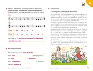 55
Lectura: Las campanas, una leyenda del sonido.
Contenido: Instrumentos electrófonos. Música de cine.
21
5. Lee y aprende.
Las campanas, una leyenda del sonido
Las campanas se inventaron hace mucho tiempo. Todas las civi-
lizaciones antiguas han utilizado las campanas: los egipcios, los
griegos, los romanos, etc. En China, hace miles de años las utili-
zaban, además de para comunicarse, para ahuyentar a los «ma-
los espíritus» y para curar algunas enfermedades.
La mayoría de las campanas están fabricadas con bronce, pero
también pueden ser de cerámica, de hierro, de cristal e incluso
de oro. Algunas se realizan con una mezcla de diferentes meta-
les que hacen que su sonido sea muy especial.
El sonido de las campanas depende del material con el que es-
tán fabricadas, del tamaño que tengan, de la forma de golpear-
las e, incluso, de la inclinación que adquieren cuando vibran.
Son tantas las posibilidades de sonido que producen, que se
han convertido en auténticos instrumentos musicales. Esto ha
pervivido hasta hoy día, donde aún se organizan conciertos
de campanas.
Sin embargo, a veces, se escuchan las campanas… sin que nadie
las toque. ¿Cómo es posible? Al estar en alto, cuentan con un in-
térprete de excepción, el viento.
4. Recuerda y completa.
Ponemos música a las ,
en el , a los programas
de y
a los . Es la música
llamada .
Parte A
 
 
 
 
 
 
 
 
 
 



 
 
 
 
 
 
 


 
 

3. Observa el fragmento siguiente y escribe en el recuadro
inferior las notas musicales que suenan juntas en acorde.
Después, explica con tus propias palabras qué es un acorde.
Un acorde es
A
B
y
Parte B , y
mi - -
- - -
sol fa la
mi sol fa la sol si
tá formado por varias notas que suenan
simultáneamente.
obras de teatro
cine
radio televisión
videojuegos
incidental
126198 _ 0045-0064.qxd 25/6/09 10:38 Página 55
 