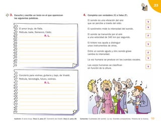 59
Contenido: Cualidades del sonido. La voz. Grandes compositores. Historia de la música.
Audición: El amor brujo. Disco 2, pista 27. Concierto de Vivaldi. Disco 2, pista 28.
23
3. Escucha y escribe un texto en el que aparezcan
las siguientes palabras.
4. Completa con verdadero (V) o falso (F).
El sonido es una vibración del aire
que se percibe a través del oído.
El sonómetro mide la intensidad del sonido.
El sonido se transmite por el aire
a una velocidad de 340 km por segundo.
El timbre nos ayuda a distinguir
unos instrumentos de otros.
Entre un sonido agudo y otro sonido grave
cambia la intensidad.
La voz humana se produce en las cuerdas vocales.
Las voces humanas se clasifican
en función de la altura.
El amor brujo, de Falla.
Película, baile, flamenco, Cádiz.
Concierto para violines, guitarra y bajo, de Vivaldi.
Película, tecnología, futuro, violines.
R. L.
R. L.
V
V
F
V
F
V
V
126198 _ 0045-0064.qxd 25/6/09 10:38 Página 59
 