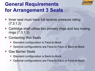 General Requirements
for Arrangement 3 Seals
ƒ Inner seal must have full reverse pressure rating
(7.3.1.2)
ƒ Cartridge shall utilise two primary rings and two mating
rings (7.3.1.3)
ƒ Contacting Wet Seals
ƒ Standard configuration is Face-to-Back
ƒ Optional configurations are Face-to-Face or Back-to-Back
ƒ Gas Barrier Seals
ƒ Standard configuration is Back-to-Back
ƒ Optional configurations are Face-to-Face or Face-to-Back
 