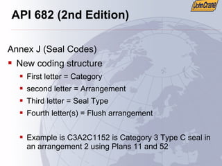 API 682 (2nd Edition)
Annex J (Seal Codes)
ƒ New coding structure
ƒ First letter = Category
ƒ second letter = Arrangement
ƒ Third letter = Seal Type
ƒ Fourth letter(s) = Flush arrangement
ƒ Example is C3A2C1152 is Category 3 Type C seal in
an arrangement 2 using Plans 11 and 52
 