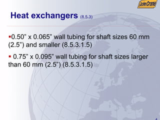 4
Heat exchangers (8.5.3)
ƒ0.50” x 0.065” wall tubing for shaft sizes 60 mm
(2.5”) and smaller (8.5.3.1.5)
ƒ 0.75” x 0.095” wall tubing for shaft sizes larger
than 60 mm (2.5”) (8.5.3.1.5)
 