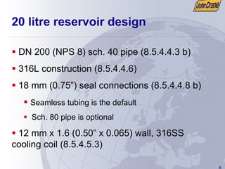 8
20 litre reservoir design
ƒ DN 200 (NPS 8) sch. 40 pipe (8.5.4.4.3 b)
ƒ 316L construction (8.5.4.4.6)
ƒ 18 mm (0.75”) seal connections (8.5.4.4.8 b)
ƒ Seamless tubing is the default
ƒ Sch. 80 pipe is optional
ƒ 12 mm x 1.6 (0.50” x 0.065) wall, 316SS
cooling coil (8.5.4.5.3)
 