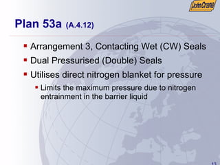 13
Plan 53a (A.4.12)
ƒ Arrangement 3, Contacting Wet (CW) Seals
ƒ Dual Pressurised (Double) Seals
ƒ Utilises direct nitrogen blanket for pressure
ƒ Limits the maximum pressure due to nitrogen
entrainment in the barrier liquid
 