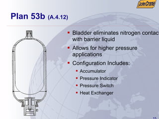 15
Plan 53b (A.4.12)
ƒ Bladder eliminates nitrogen contact
with barrier liquid
ƒ Allows for higher pressure
applications
ƒ Configuration Includes:
ƒ Accumulator
ƒ Pressure Indicator
ƒ Pressure Switch
ƒ Heat Exchanger
 