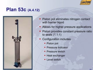 18
Plan 53c (A.4.12)
ƒ Piston pot eliminates nitrogen contact
with barrier liquid
ƒ Allows for higher pressure applications
ƒ Piston provides constant pressure ratio
to seals (1.1:1)
ƒ Configuration includes:
ƒ Piston pot
ƒ Pressure indicator
ƒ Pressure switch
ƒ Heat exchanger
ƒ Level switch
 