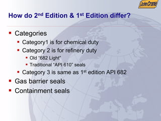 How do 2nd Edition & 1st Edition differ?
ƒ Categories
ƒ Category1 is for chemical duty
ƒ Category 2 is for refinery duty
ƒ Old “682 Light”
ƒ Traditional “API 610” seals
ƒ Category 3 is same as 1st edition API 682
ƒ Gas barrier seals
ƒ Containment seals
 