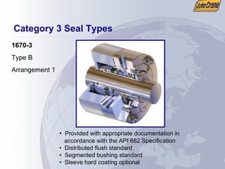 Category 3 Seal Types
1670-3
Type B
Arrangement 1
• Provided with appropriate documentation in
accordance with the API 682 Specification
• Distributed flush standard
• Segmented bushing standard
• Sleeve hard coating optional
 