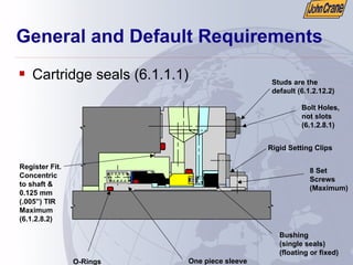 General and Default Requirements
ƒ Cartridge seals (6.1.1.1) Studs are the
default (6.1.2.12.2)
Bolt Holes,
not slots
(6.1.2.8.1)
O-Rings
Rigid Setting Clips
One piece sleeve
8 Set
Screws
(Maximum)
Register Fit.
Concentric
to shaft &
0.125 mm
(.005”) TIR
Maximum
(6.1.2.8.2)
Bushing
(single seals)
(floating or fixed)
 