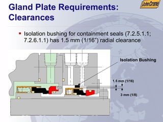 Gland Plate Requirements:
Clearances
ƒ Isolation bushing for containment seals (7.2.5.1.1;
7.2.6.1.1) has 1.5 mm (1/16”) radial clearance
Isolation Bushing
1.5 mm (1/16)
3 mm (1/8)
 