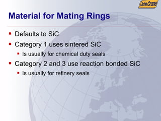 Material for Mating Rings
ƒ Defaults to SiC
ƒ Category 1 uses sintered SiC
ƒ Is usually for chemical duty seals
ƒ Category 2 and 3 use reaction bonded SiC
ƒ Is usually for refinery seals
 